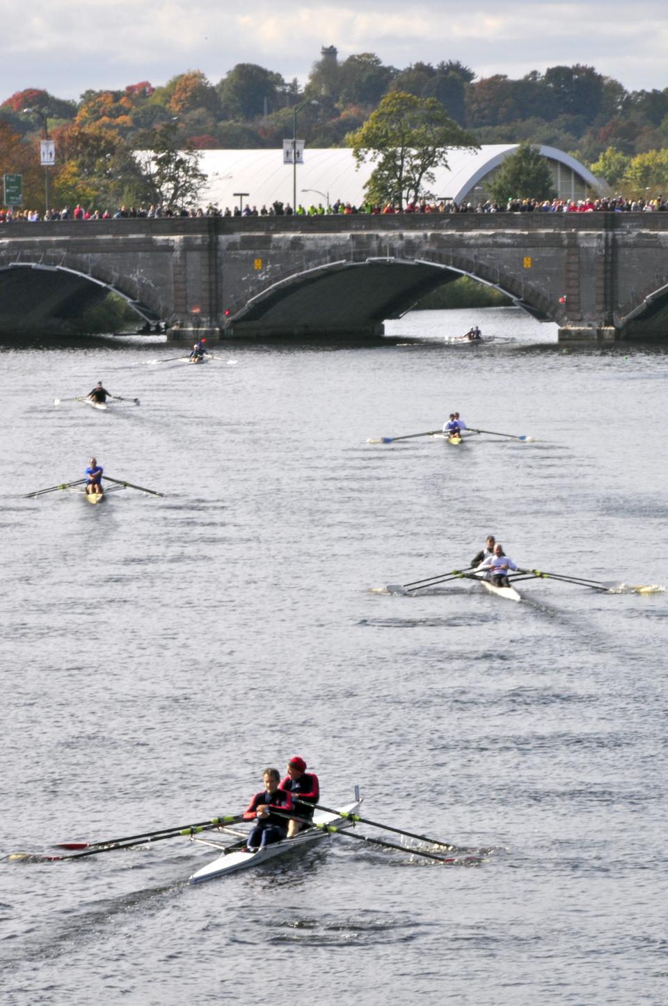 With almost 9,000 athletes competing in the regatta, the Charles River was full of racing boats on Saturday and Sunday. 