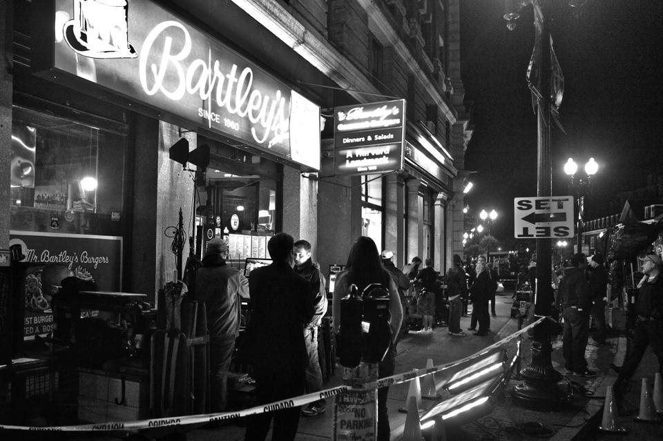 Students and cantabridgians gather outside of Bartley’s as the Facebook movie is filmed this past weekend. 