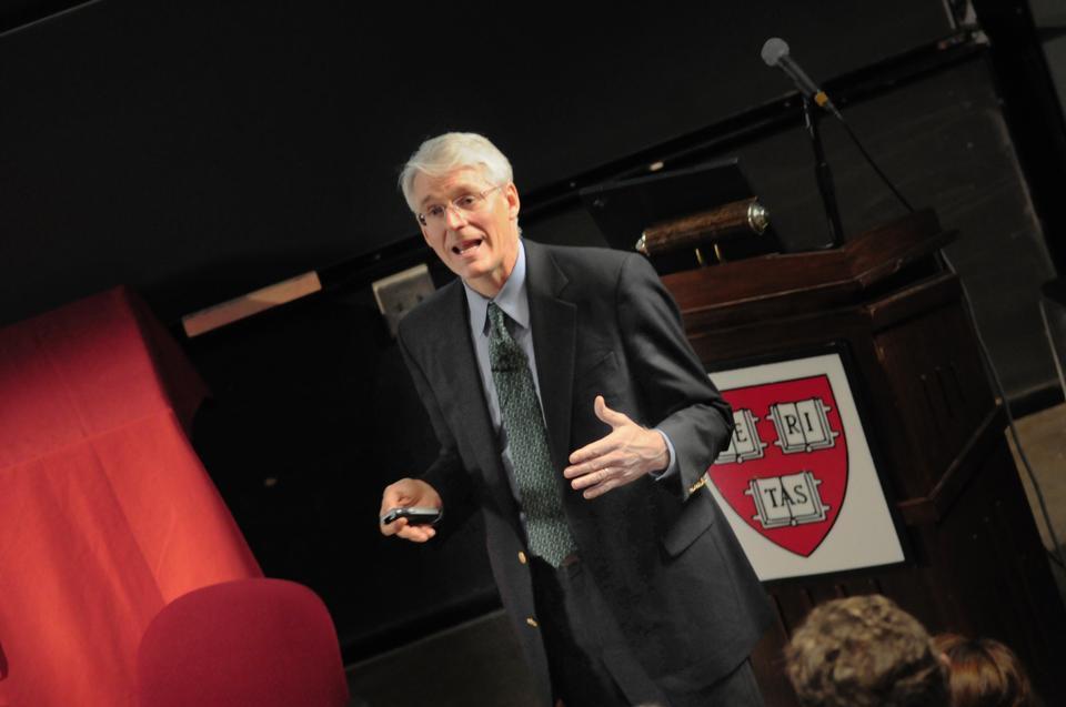 Peter H. Lehner ’80, who directs the National Resource Defense Center, speaks in the Science Center about strategy for moving greenhouse gas legislation through the U.S. Congress.