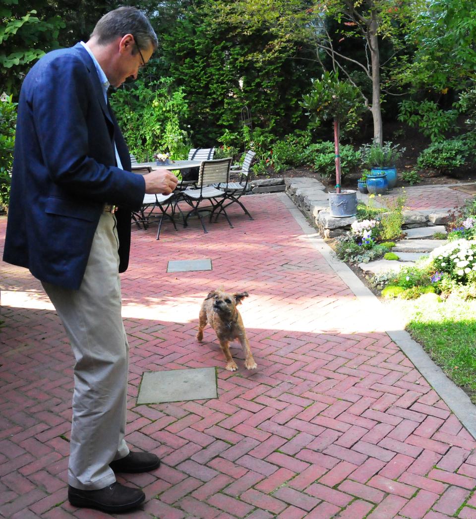 Tobin, the family dog, suddenly takes interest in his guests when presented with a treat.