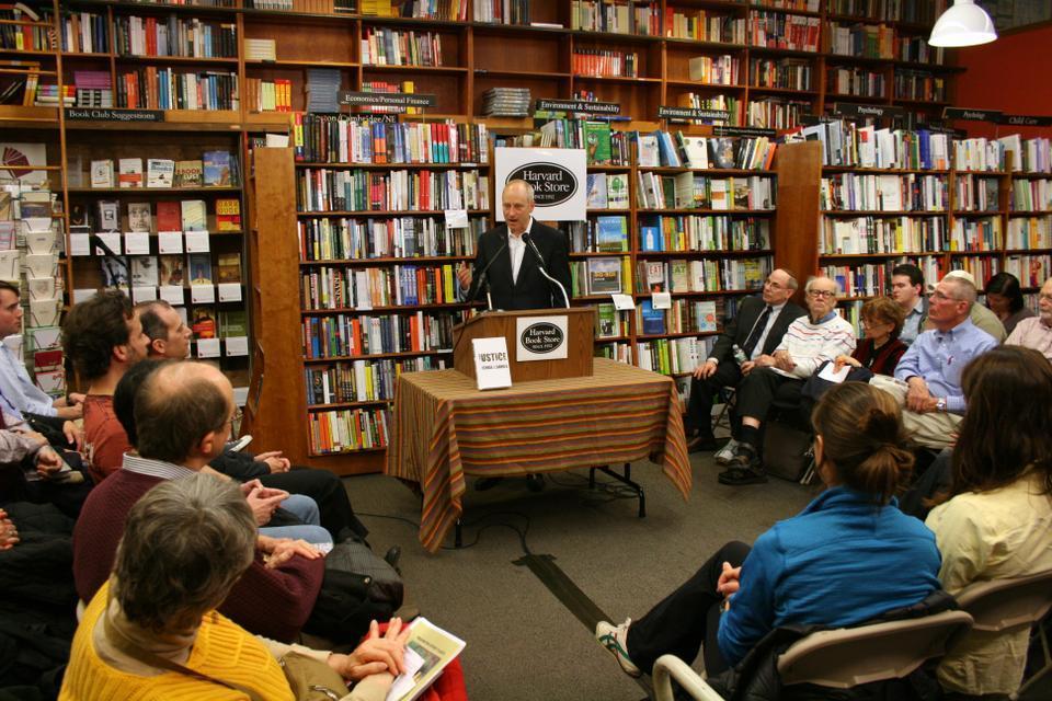 Professor Michael J. Sandel speaks about his new book, “Justice: What Is the Right Thing To Do?” at the Harvard Bookstore yesterday.