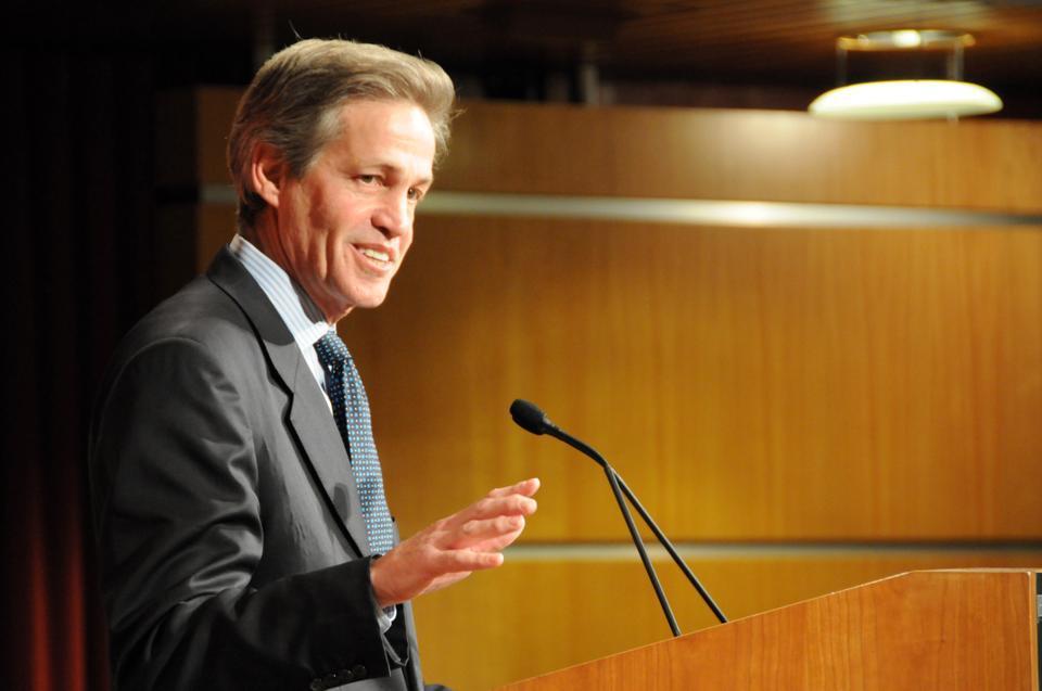 Former U.S. Senator Norman B. “Norm” Coleman, a Republican from Minnesota, delivers a public address at the JFK Jr. Forum at the Institute of Politics yesterday afternoon.