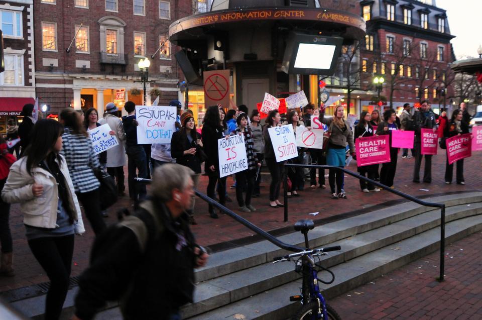 Students and local residents protest the Stupak amendment, which would ban abortion coverage in public health care plans.