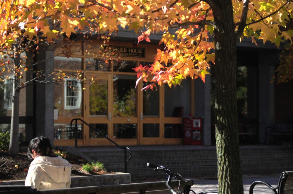 A student enjoys a rare sunny day as she waits for the shuttle outside of Currier House.