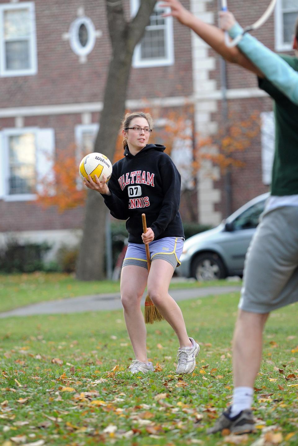 Darja Mihailova, '13, prepares to take a shot during quidditch practice yesterday.