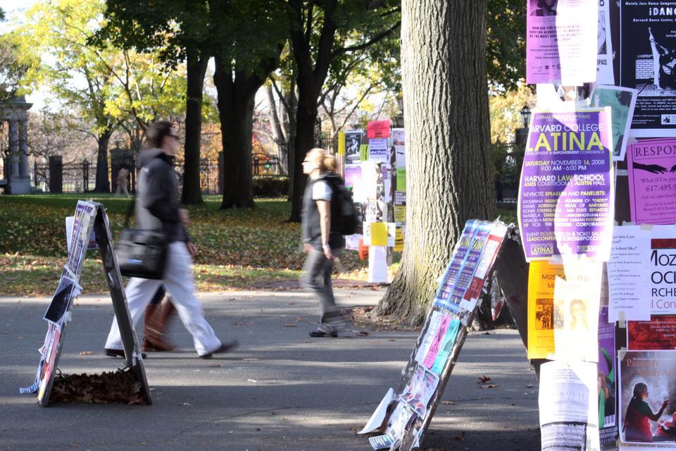 Walls, kiosks, steps, and sandwich boards across campus are always covered with posters advertising events sponsored by various student groups.