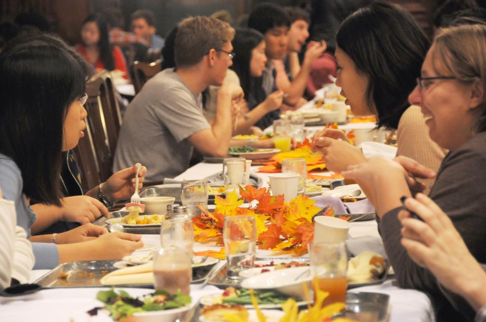 The Dunster dining tables were packed with students, faculty, and family, as it was the only dining hall open on Thanksgiving. 
