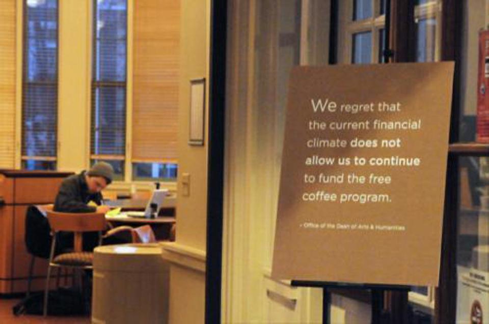 Original Publication Date: January 30, 2009

Budgetary issues have  forced the Barker Center to stop offering free coffee to students in the morning.
