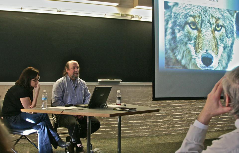 Wildlife biologist Stephen Destefano and photographer Amy Stein discuss the increasingly blurred borderline between human development and wildlife at the Harvard Museum of Natural History on Saturday afternoon. Both Destefano's new book, "Coyote at the Kitchen Door", and Stein's new exhibit at the museum, "Domesticated: Modern Dioramas of our New Natural History", address this theme.