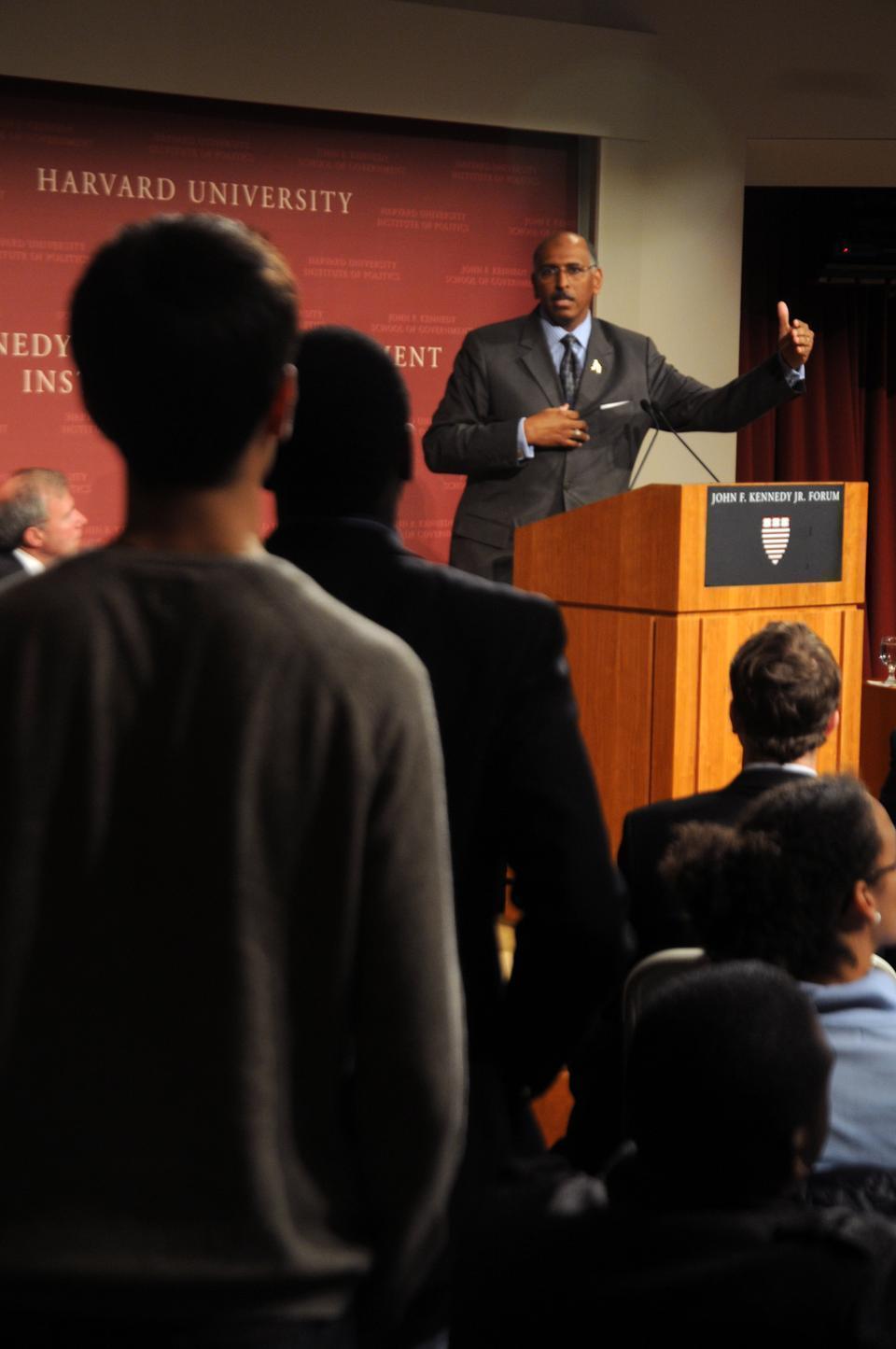 Michael S. Steele, current chairman of the Republican National Committee, speaks about the importance of listening in politics at the IOP last night. 