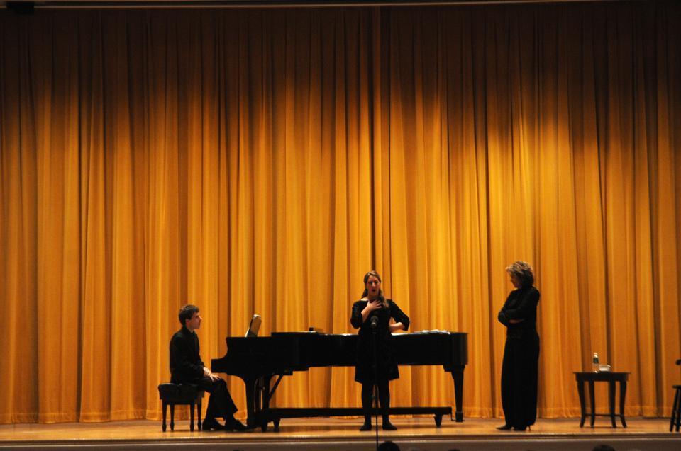 Renée Fleming directs a Harvard student vocalist during a masters class. Known as "the people’s diva," this two-time Grammy Award winner is one of the most beloved and celebrated musical ambassadors of our time. Fleming gave advice to several students during the class, while audience members listened and asked questions.