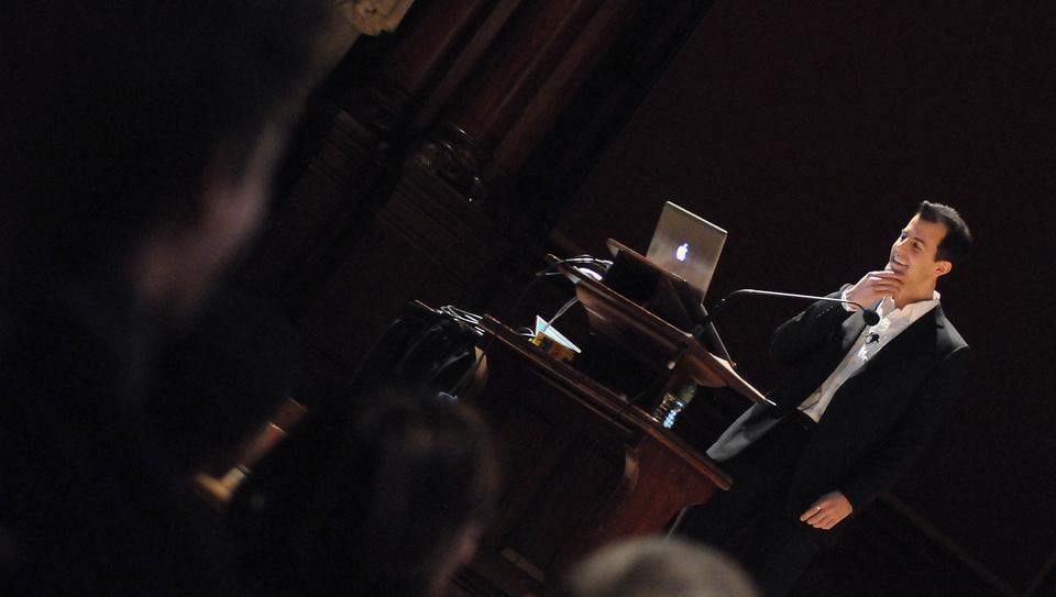 Computer Science Lecturer David Malan, instructor of popular course CS50, tells the audience during Harvard Thinks Big in Sanders Theatre yesterday about how he discovered his love for computer science. 
