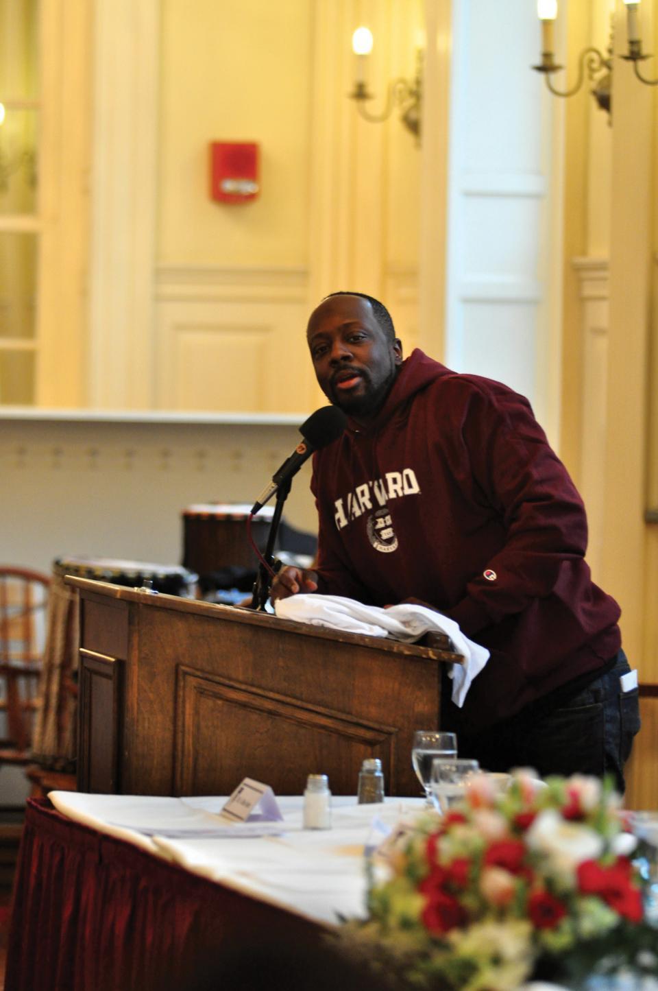 Haitian-American musician and producer, Wyclef Jean speaks at the Cultural Rhythms luncheon hosted by the Harvard Foundation.