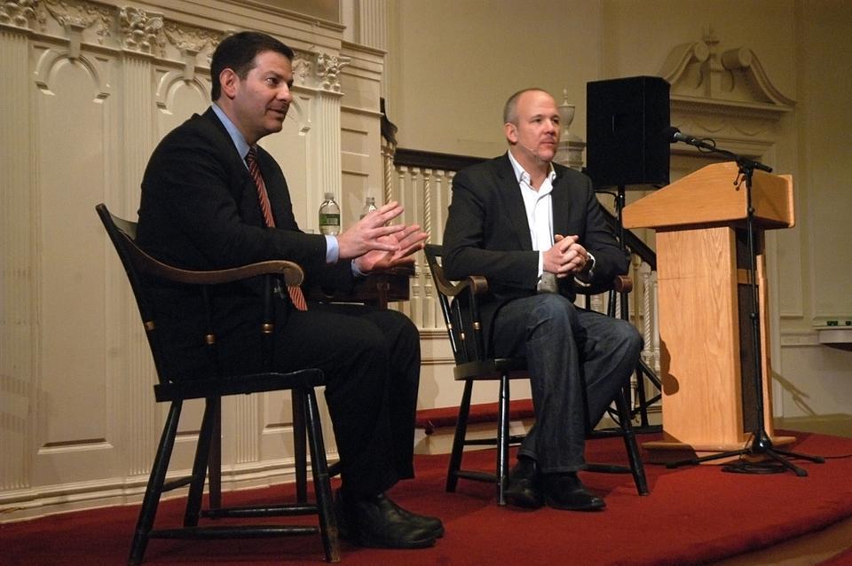 Journalists John Heilemann and Mark Halperin discuss their book "Game Change: Obama and the Clintons, McCain and Palin, and the Race of a Lifetime" at the Brattle Theatre yesterday.