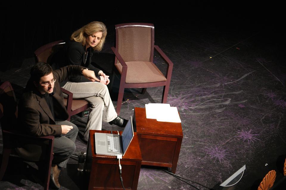 Composer Hèctor Parra and physics professor Lisa Randall discuss the challenges of integrating art and science at the New College Theatre on Feb. 24.