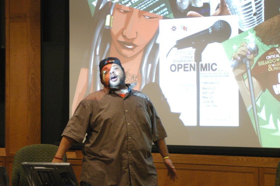 Corey DePina speaks about hip hop and youth empowerment at the Graduate School of Education yesterday. He is a member of ZUMIX, a group seeking to promote youth community through the musical arts with a focus on hip hop.