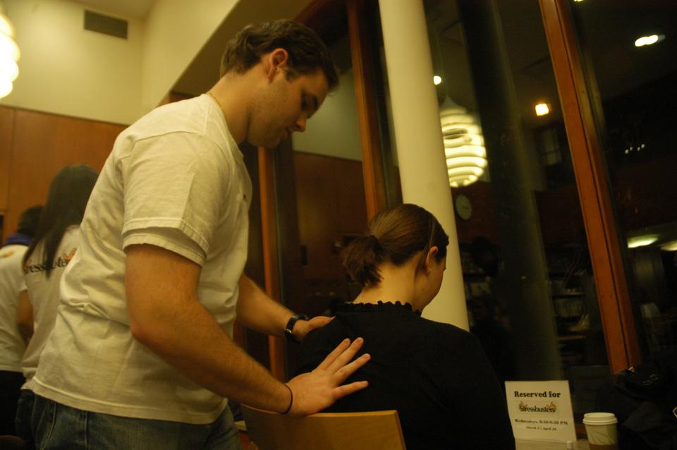 “Stressbusters” like G. Andrew Conway ’11 from the Center for Wellness will be in Lamont Cafe every Wednesday to give free massages to students in need of a relief from studying.