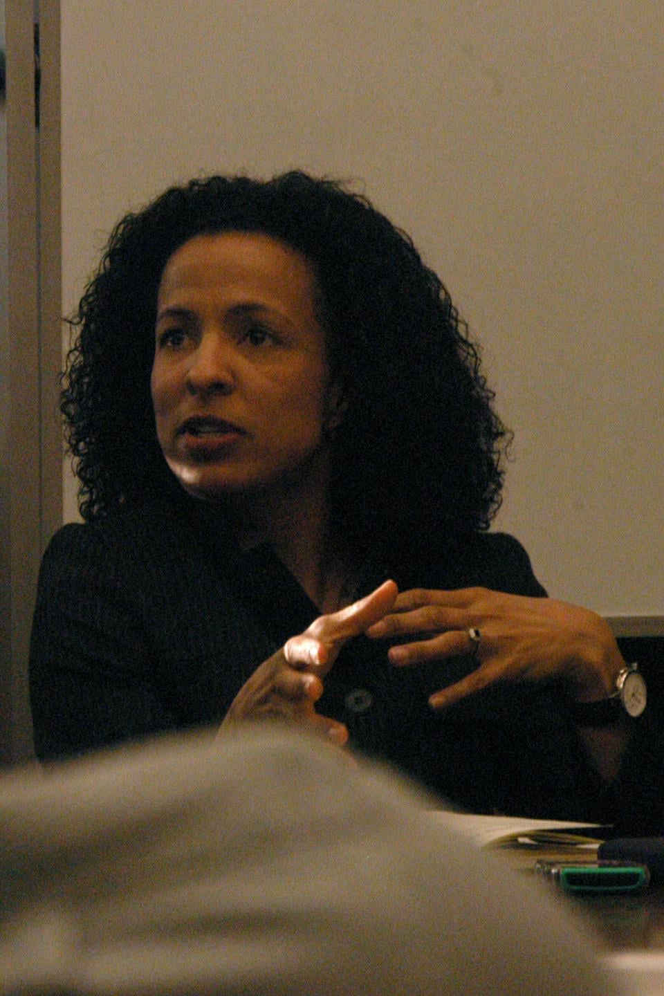 Cynthia Young, a Warren Fellow at Boston College, speaks about "Black Ops and Sleeper Cells: Race, the War on Terror and Popular Culture from Above and Below" in the History Library at Robinson Hall yesterday.