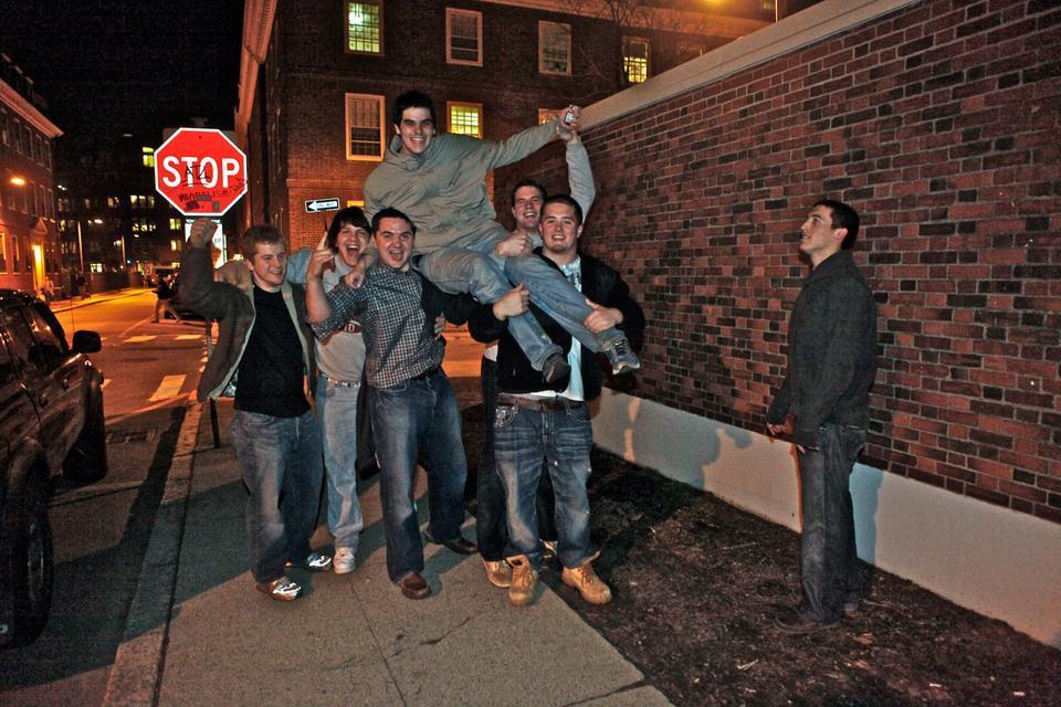One freshman blocking group celebrates on Mill Street last night during River Run. While a new mandate prohibits boat-burning and drinking, many freshmen still enjoyed themselves going between the Houses.