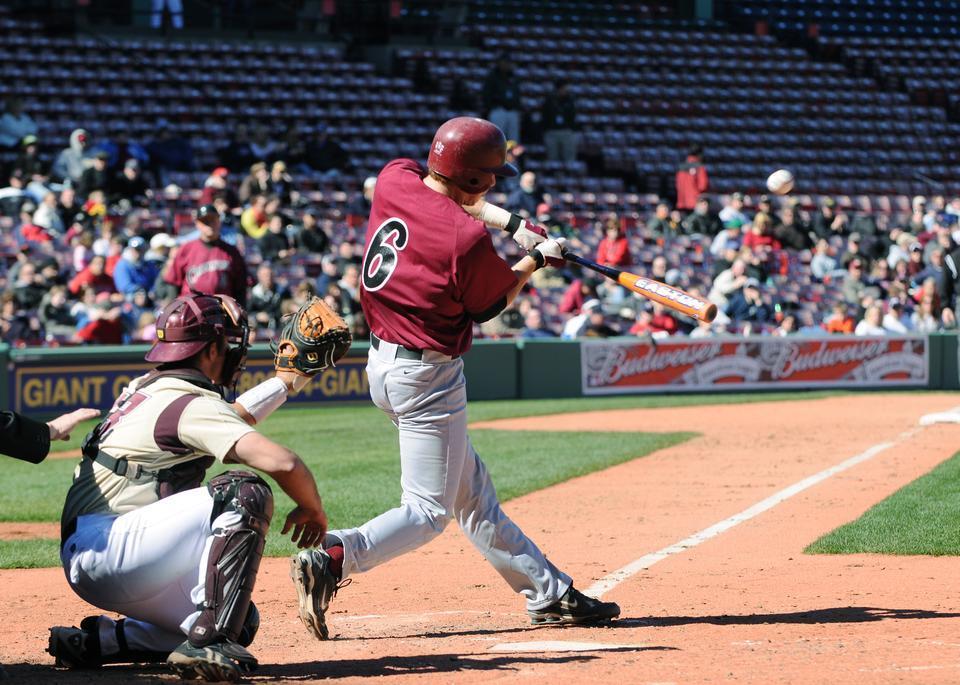 Junior captain Tyler Albright, shown here in earlier action, launched a homer in the fourth inning of Saturday’s nightcap, a game Harvard won, 3-2. The catcher also guided the young pitching staff to a solid day.