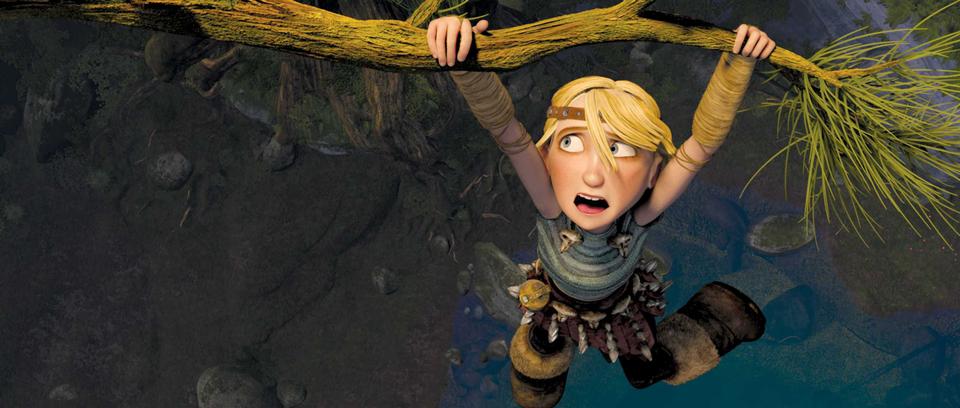 Astrid (voiced by America Ferrera) hangs for her life in Dean DeBlois and Chris Sanders’ “How to Train Your Dragon.” The film tells the story of Hiccup (Jay Baruchel), a boy who chooses to train, rather than hunt, dragons.
