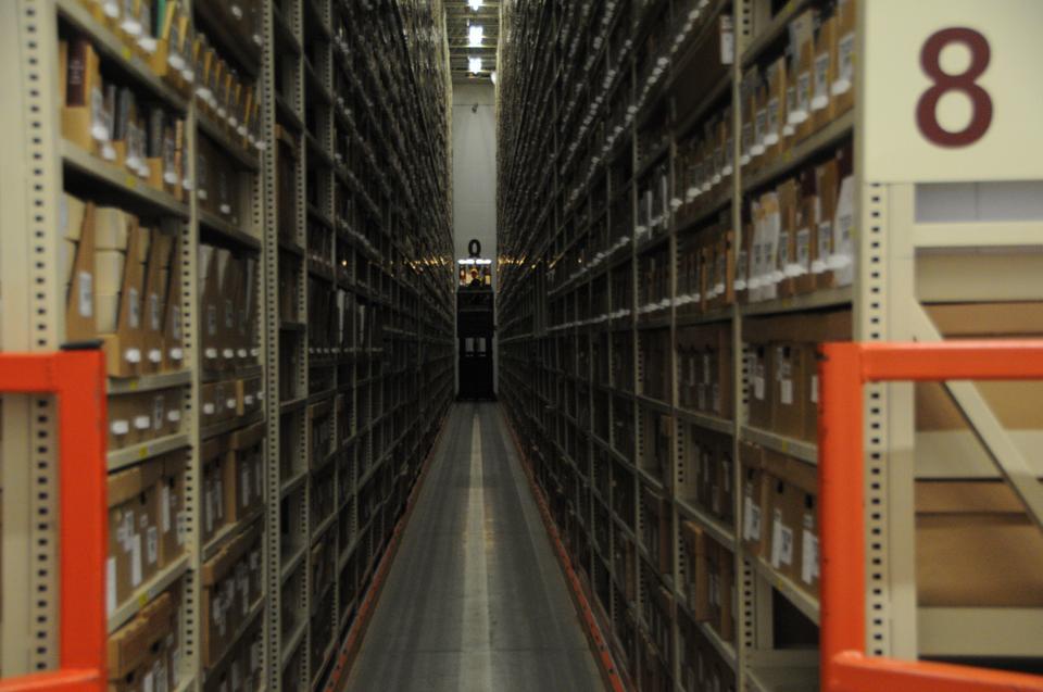 All the books in the Depository are stored in rows of 30-foot high shelves in large module rooms. The modules are climate controlled to optimize the longevity of the books.