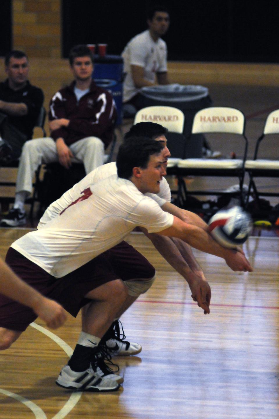 Harvard co-captain Erik Kuld, shown here in earlier action, has had an impressive spike in performance as he had 20 kills last Tuesday and 27 kills and 14 digs on Thursday. The team is riding a two-game win streak.