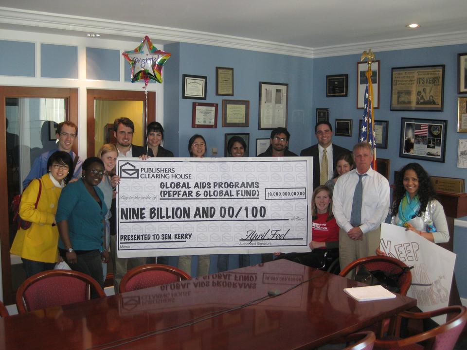 In honor of April Fool’s Day yesterday, members of the Harvard AIDS Coalition presented Senator John Kerry’s office with a giant 9 billion dollar check to show that AIDS is not a joke.