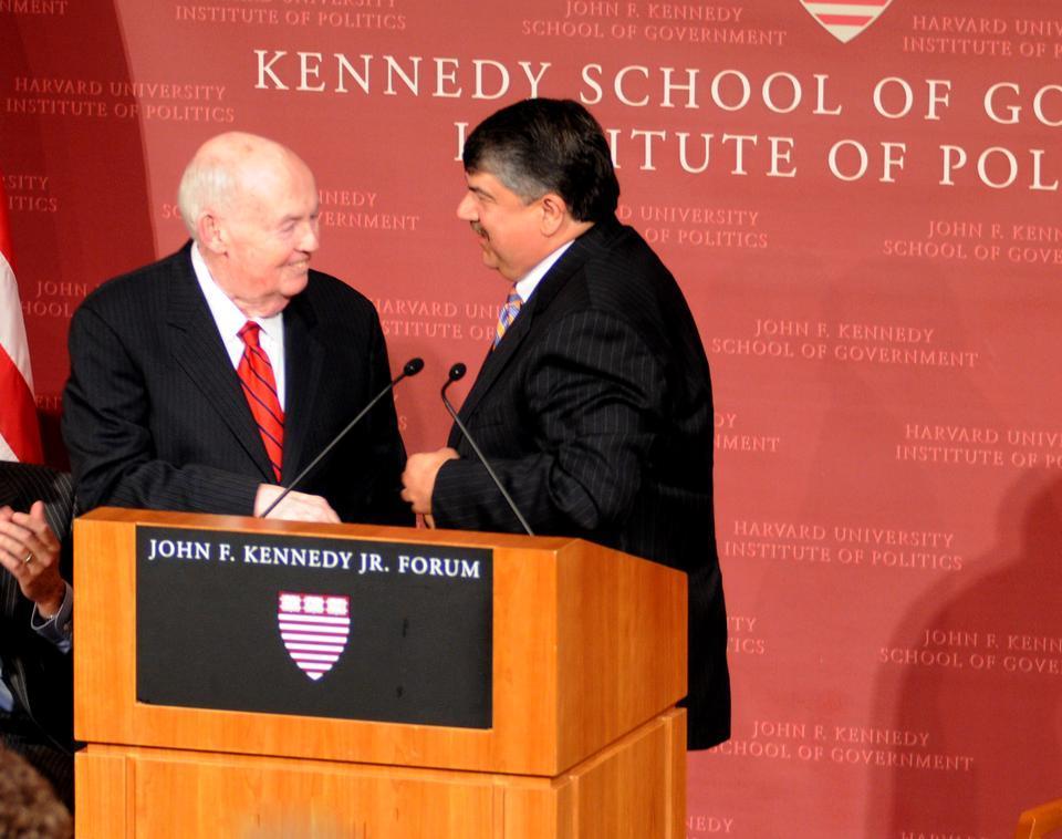 AFL-CIO President Emeritus John Sweeney introduces current AFL-CIO President Richard Trumka at the IOP forum yesterday evening. 