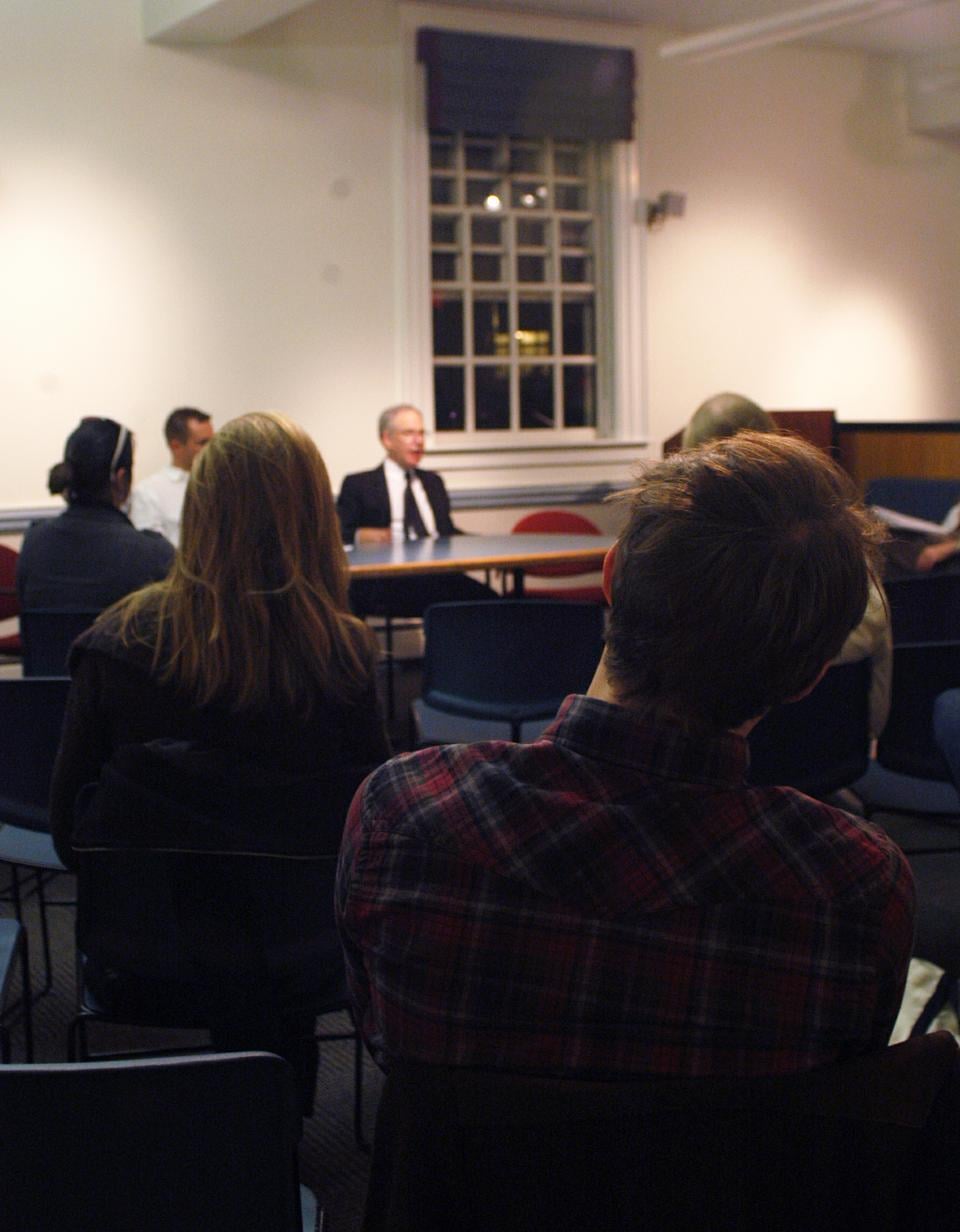 Students participate in a town-hall meeting held in Dudley House with Dean of the Graduate School of Arts and Sciences, Allan Brandt.