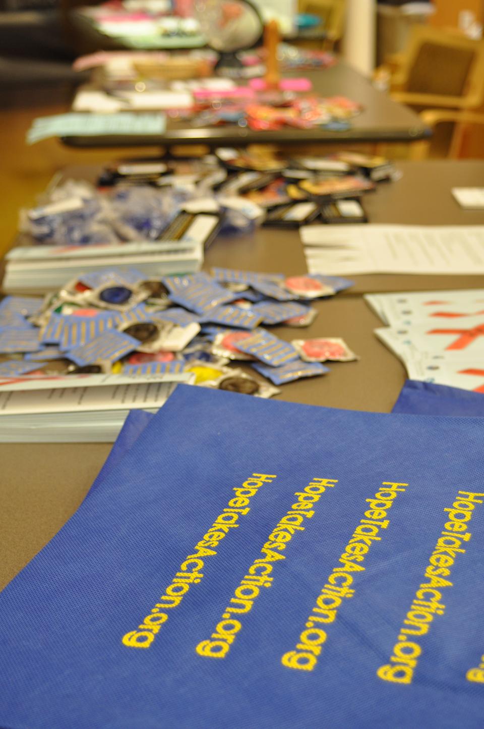 Condoms and sex education materials covered the tabletops in Ticknor Lounge, Boylston Hall at the Peer Contraceptive Counselors Sexual Health Career Panel yesterday evening, April 8, 2010.
