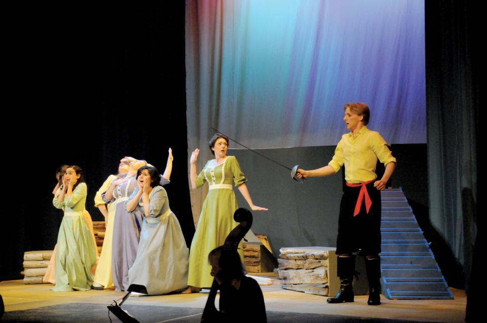 Chorus members express their shock during a rehearsal of the "Pirates of Penzance." The production opens April 16 in the Agassiz Theater. 
