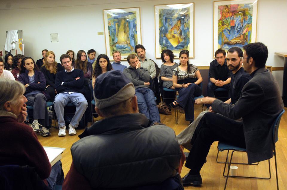 Former Fatah activist Aziz Abu Sarah and former Israeli settler Kobi Skolnick describe their experiences in the Israeli-Palestinian conflict and relay their efforts toward achieving peace yesterday at Harvard Hillel.