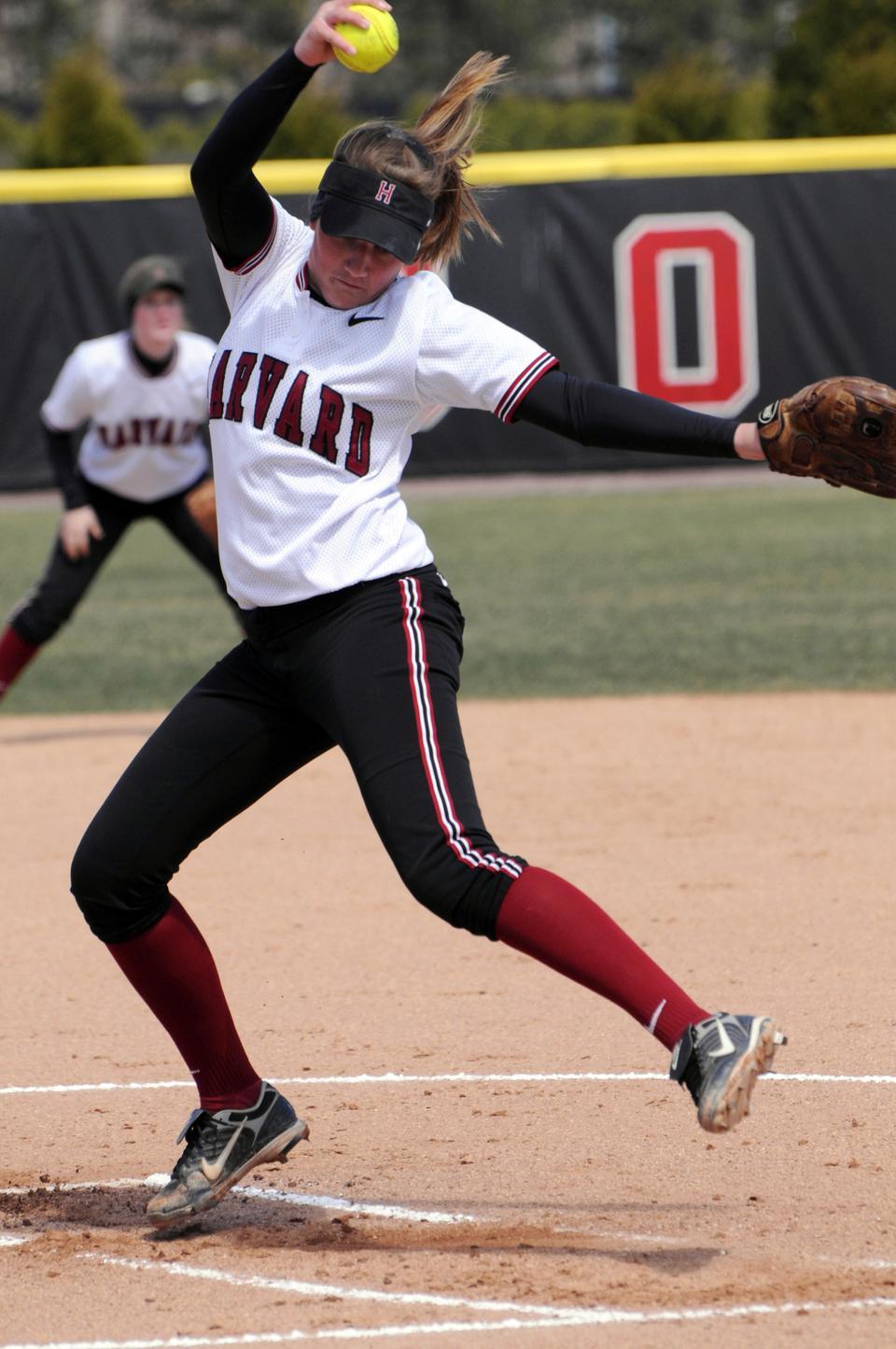 Sophomore Rachel Brown, shown here in earlier action, provided five innings of two-hit relief in the Harvard softball team’s victory over Providence yesterday afternoon. 