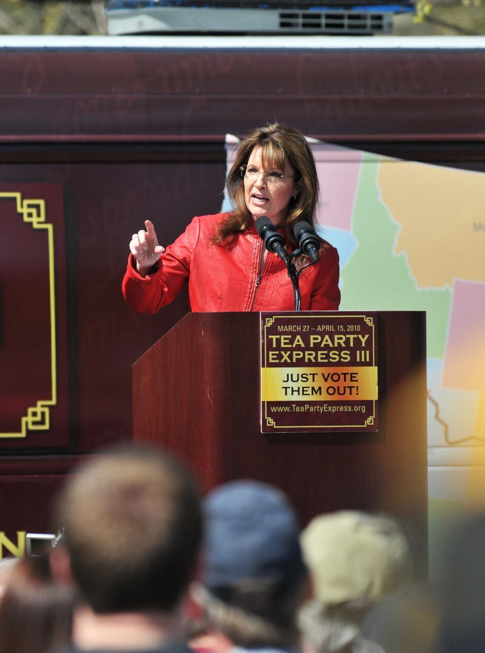 Former Vice Presidential candidate Sarah Palin delivers a speech at the Tea Party rally in Boston Common earlier on Wednesday.