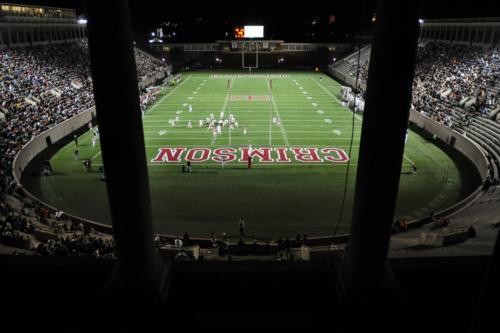 The crowds roar at Harvard Stadium on Friday night at the first football game of the year versus Brown University. 