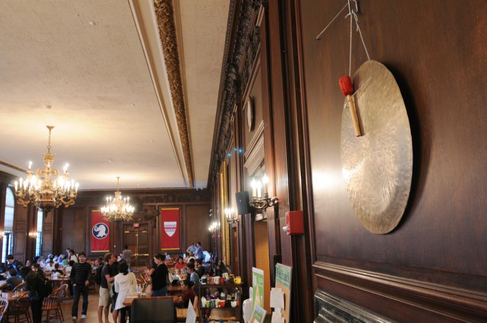Adams House’s missing gong, which had mysteriously vanished a week before Housing Day, showed up in Eliot Dining Hall above a sign saying “Adams House gong, it’s not actually a gong, it’s a tam-tam” yesterday evening.