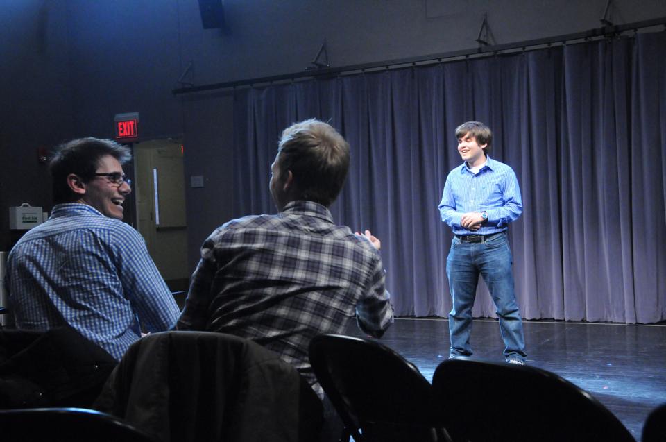 Composer-lyricists Benj Pasek and Justin Paul held an audition workshop on Wednesday at New College Theatre.  Justin Pereira '13 receives feedback on his song and how to emphasize the narrative aspect of the lyrics.