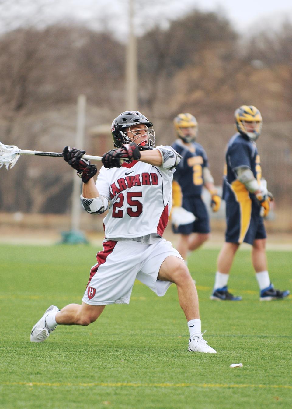 Senior Jason Duboe, shown here in earlier action, notched a season-high three goals against Penn this weekend, but it was the Quakers who had a standout day, upsetting the No. 15 Harvard men’s lacrosse team in Philadelphia, Pa. The loss left the Crimson tied for fifth in Ivy League play.