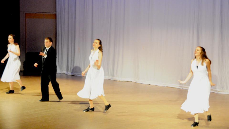 The TAPS show which took place in Lowell Lecture Hall on Saturday April 17 featured student-choreographed pieces in a variety of styles, including Rhythm tap, Broadway, and Irish. Pictured here are tap dancers clapping their heels away on the dance floor. 