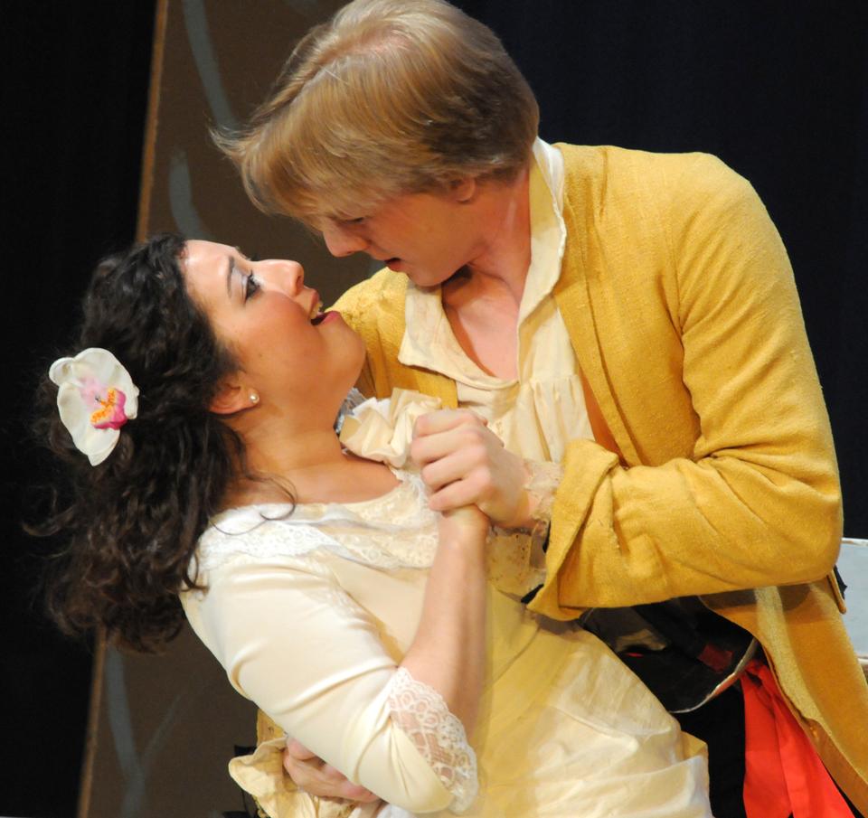 Ben Nelson '11 and Bridget Haile '11 share a tender moment in this year's Gilbert and Sullivan production, the Pirates of Penzance