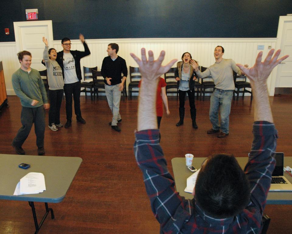 Cast members of “HSM Scenes” rehearse as director Daniel V. Kroop ’10 watches. The adaptation runs April 23 and 24 in the Adams Pool Theatre.