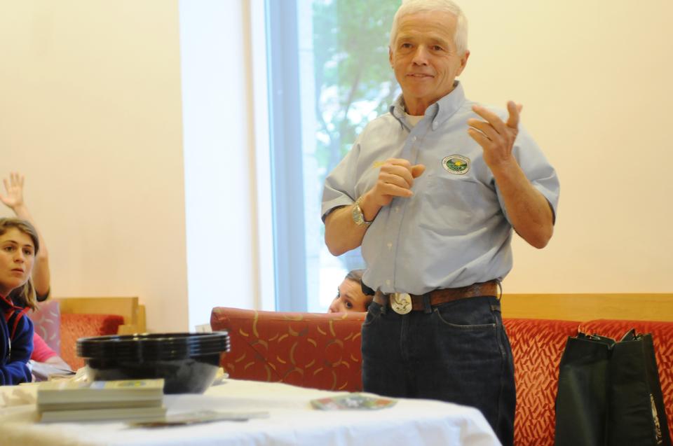 In Boylston Hall, students listen to a local dairy-farmer discuss the process of making cheese from raw milk. At the Food Literacy Project Event, students tasted a variety of cheeses from New England creameries.