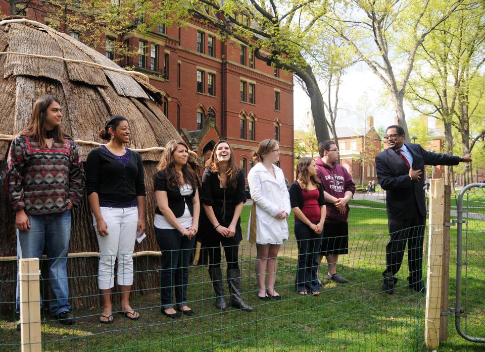 Dr. S. Allen Counter, director of the Harvard Foundation, speaks during the inauguration ceremony of the wetu in Harvard Yard. 
