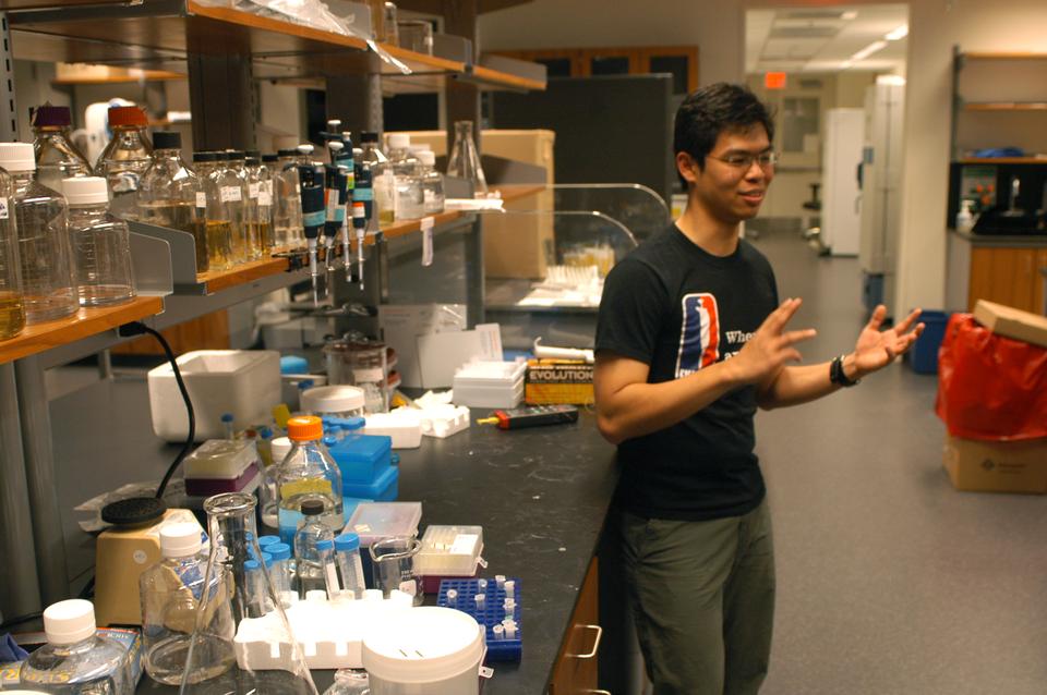 Low gives Crimson reporters a tour of Professor Erin K. O'Shea's lab, starting with his own workbench, where he has been conducting experiments on the body's internal clock proteins. 