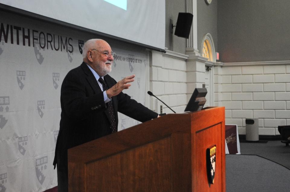 Famous children's book author Eric Carle spoke to an audience in Longfellow Hall yesterday. Carle told the crowd about his childhood and his path to becoming a world-renowned author and illustrator.