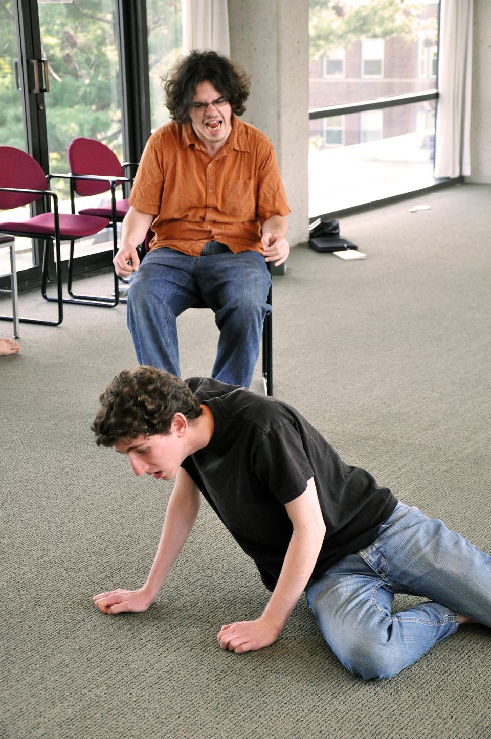 Joseph G. Hodgkin '12 and Michael Handelman rehearse a scene for "Pericles", which will be playing in the Adams Pool Theater through Saturday, May 1st.