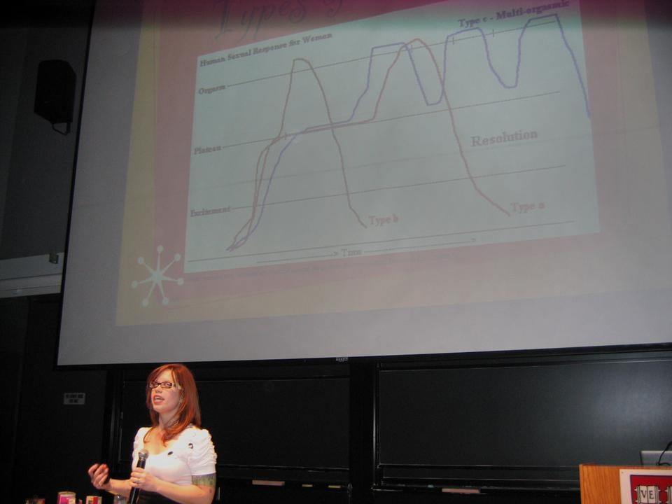 Megan Andelloux discusses women's sexual response in front of a full crowd in Science Center C on April 23 at the Sixth Annual Female Orgasm seminar; sponsored by the Radcliffe Union of Students.