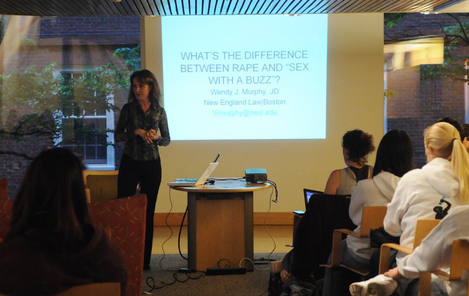 Wendy Murphy, one of two featured speakers for the evening, speaks about how alcohol can influence sex and sexual consent in the in the DAPA co-sponsored event "Rape or Sex With a Buzz?" The event was held yesterday evening in Ticknor Lounge. 