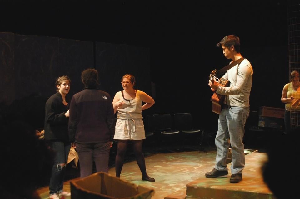 Students rehearse Godspell in the Loeb Experimental Theatre on Monday. The musical is being set as a theatre in the round and opens this Friday.
